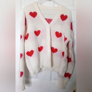 SHEIN Cream and Red Heart Cardigan